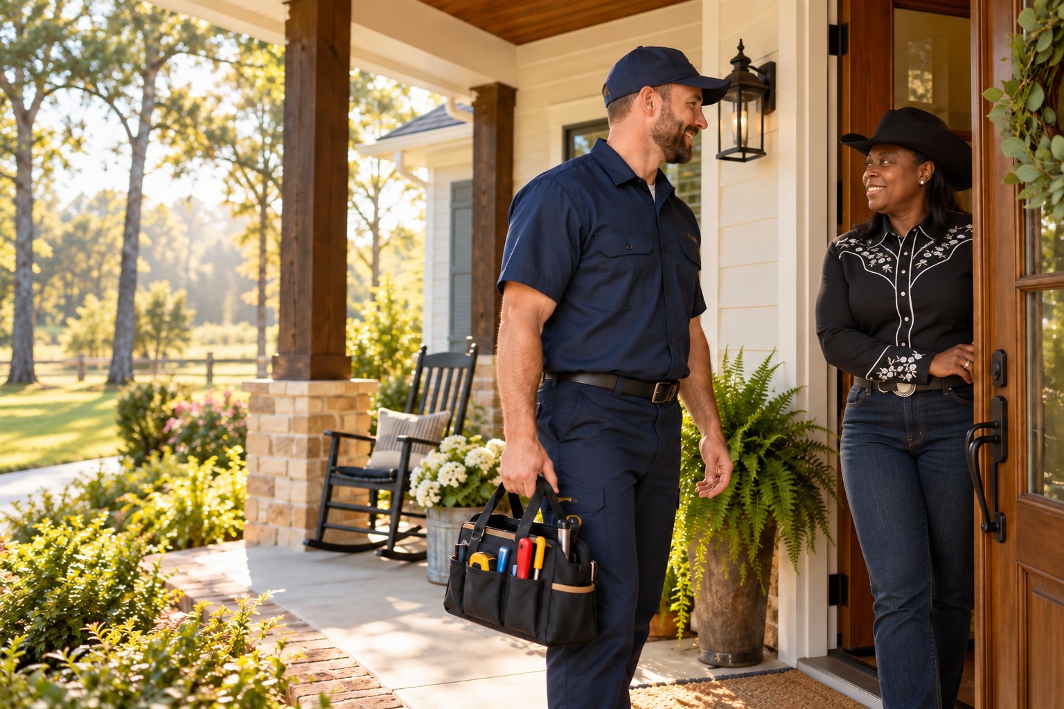 Illustrative scene of Ms. Angela greeting a plumber at her front door